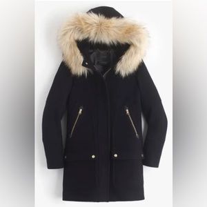 J Crew Stadium Cloth Chateau Parka Black Coat with Fur Trim Hood - Size 2